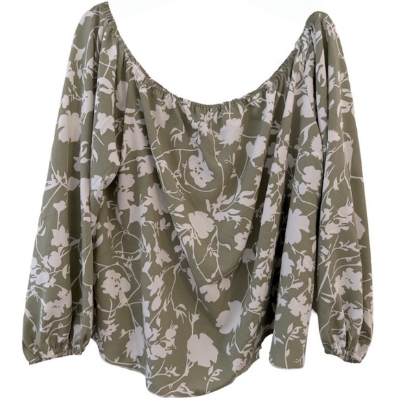 Women’s Plus Size Olive Green Floral Off The Shoulder Long Sleeve Top Blouse - Picture 1 of 7